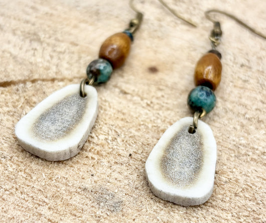 Handmade Western Boho Antler, African Turquoise Jasper & Maple Wood Drop Earrings