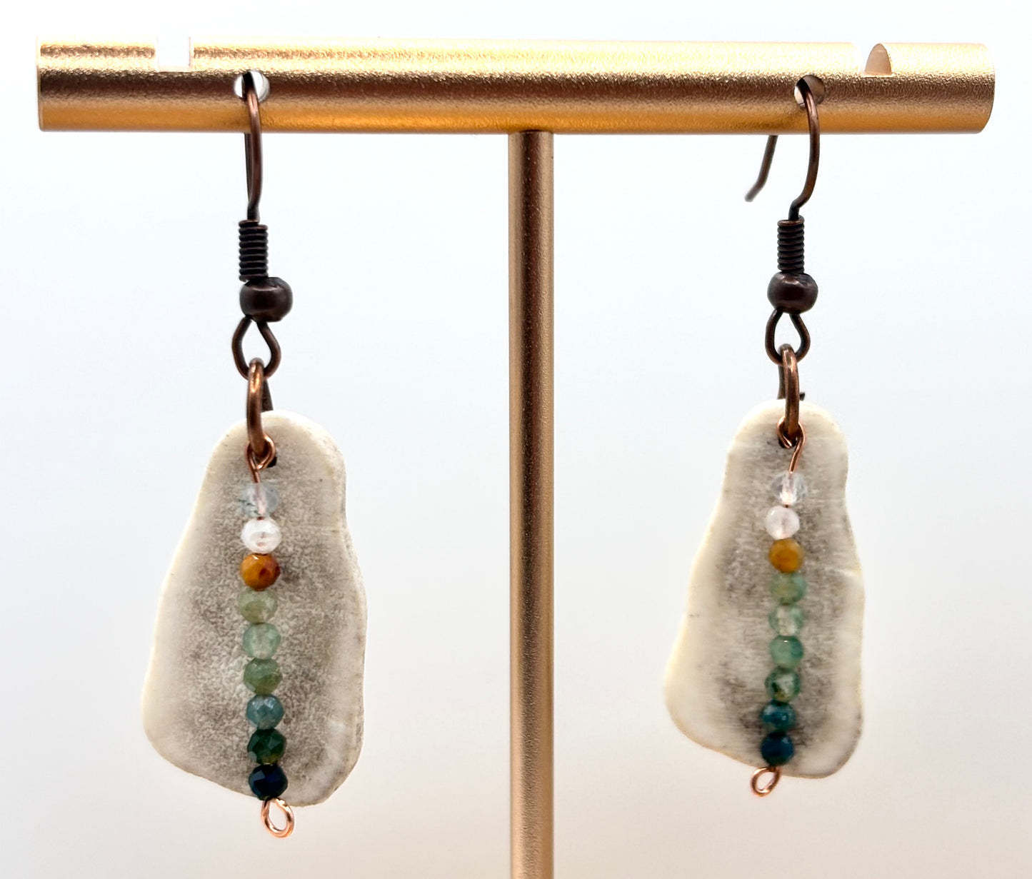 Handmade Western Boho Antler & Moss Agate Copper Wire Drop Earrings