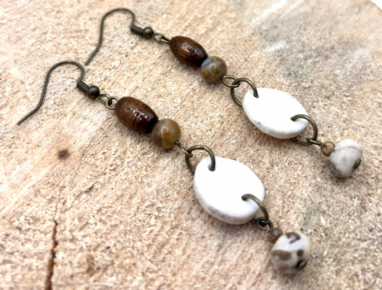 Handmade Western Boho Antler, Indian Agate & Howlite Drop Earrings