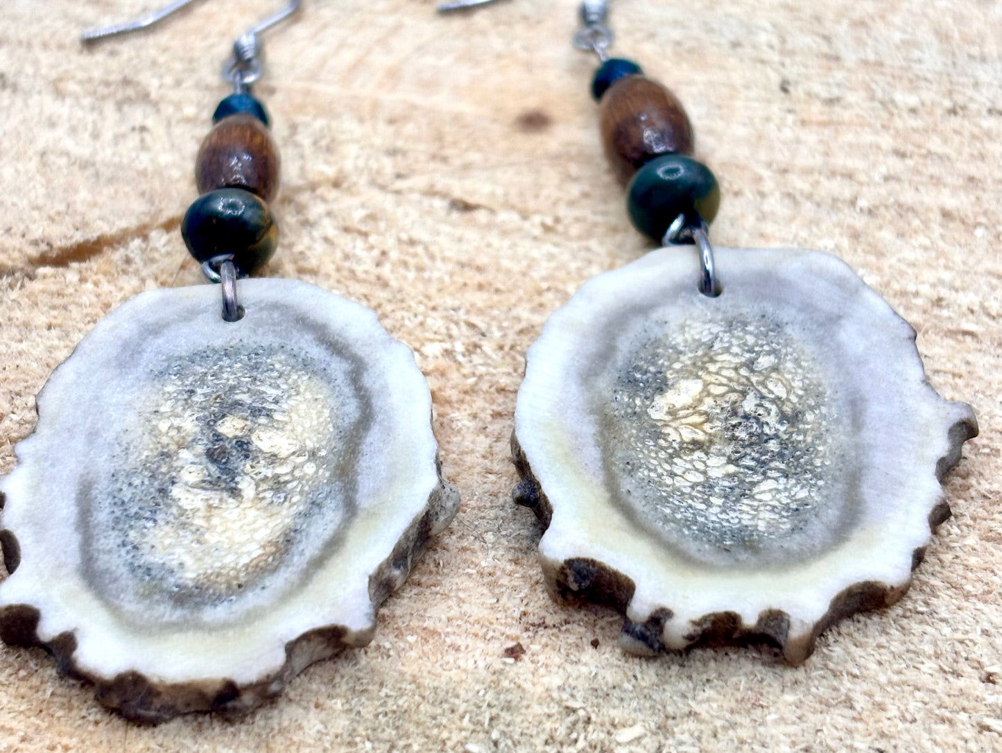 Handmade Western Boho Antler, Maple Wood & Indian Agate Drop Earrings
