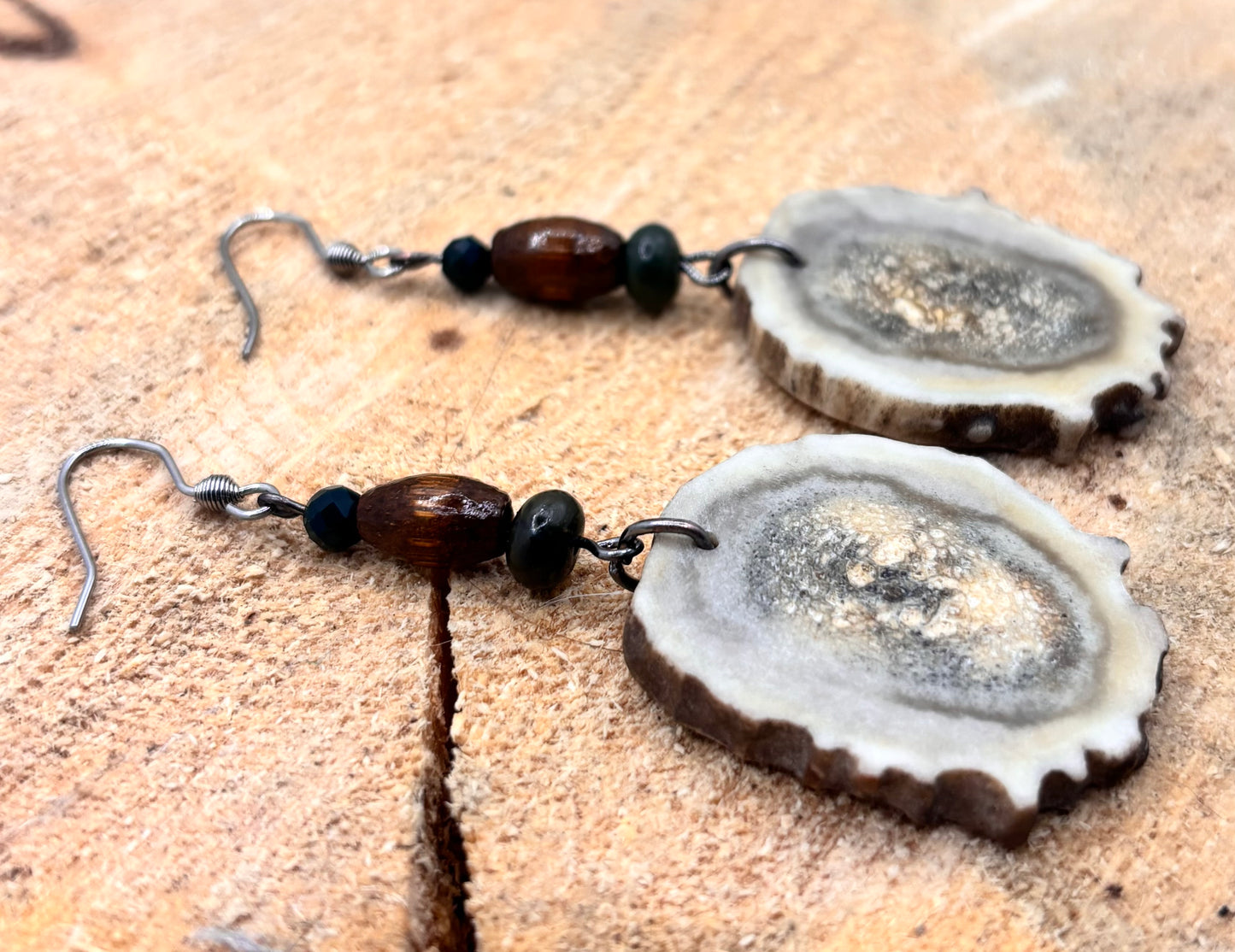 Handmade Western Boho Antler, Maple Wood & Indian Agate Drop Earrings