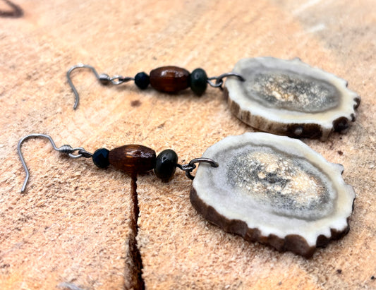 Handmade Western Boho Antler, Maple Wood & Indian Agate Drop Earrings