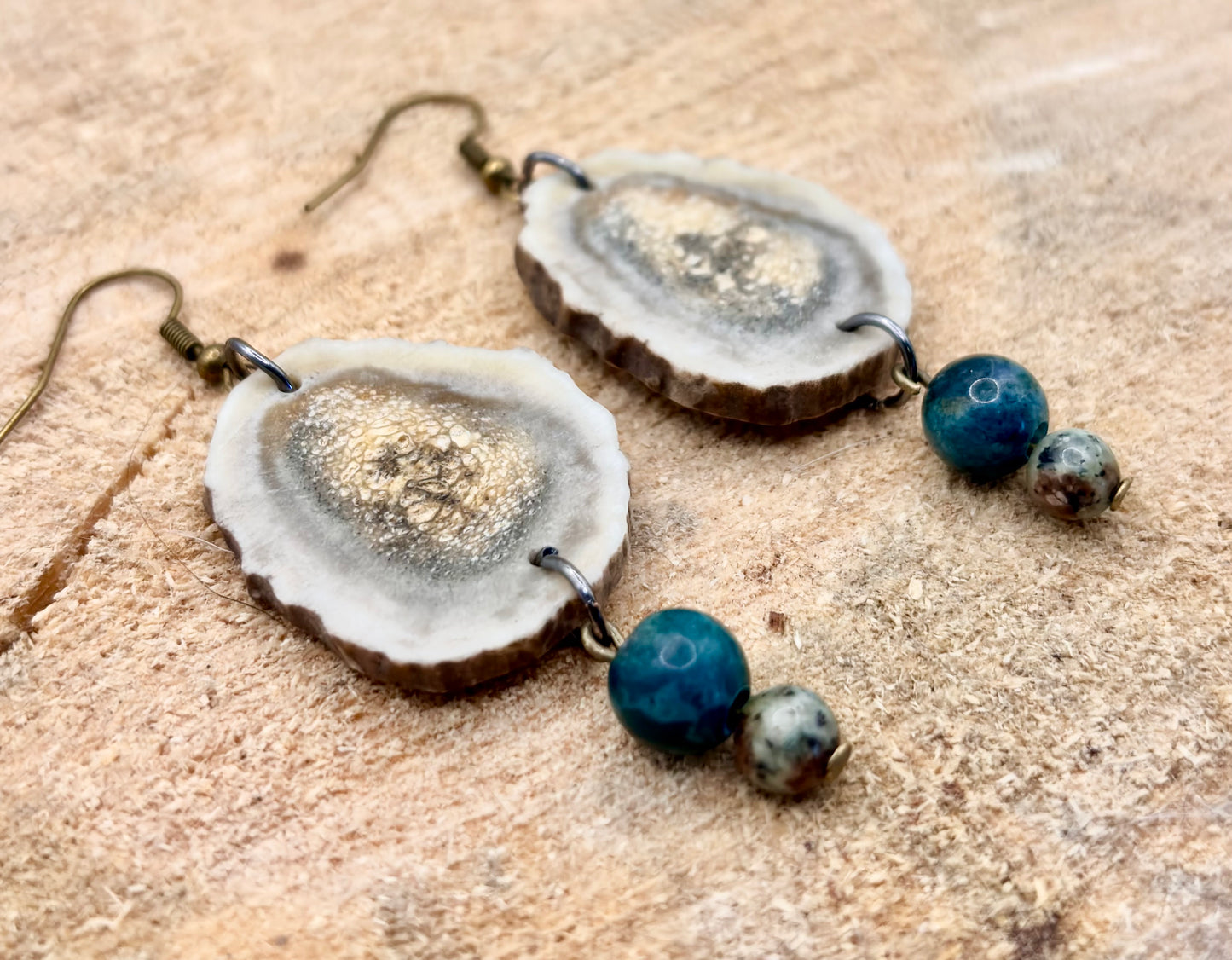 Handmade Western Boho Deer Antler, Jasper & Indian Agate Drop Earrings