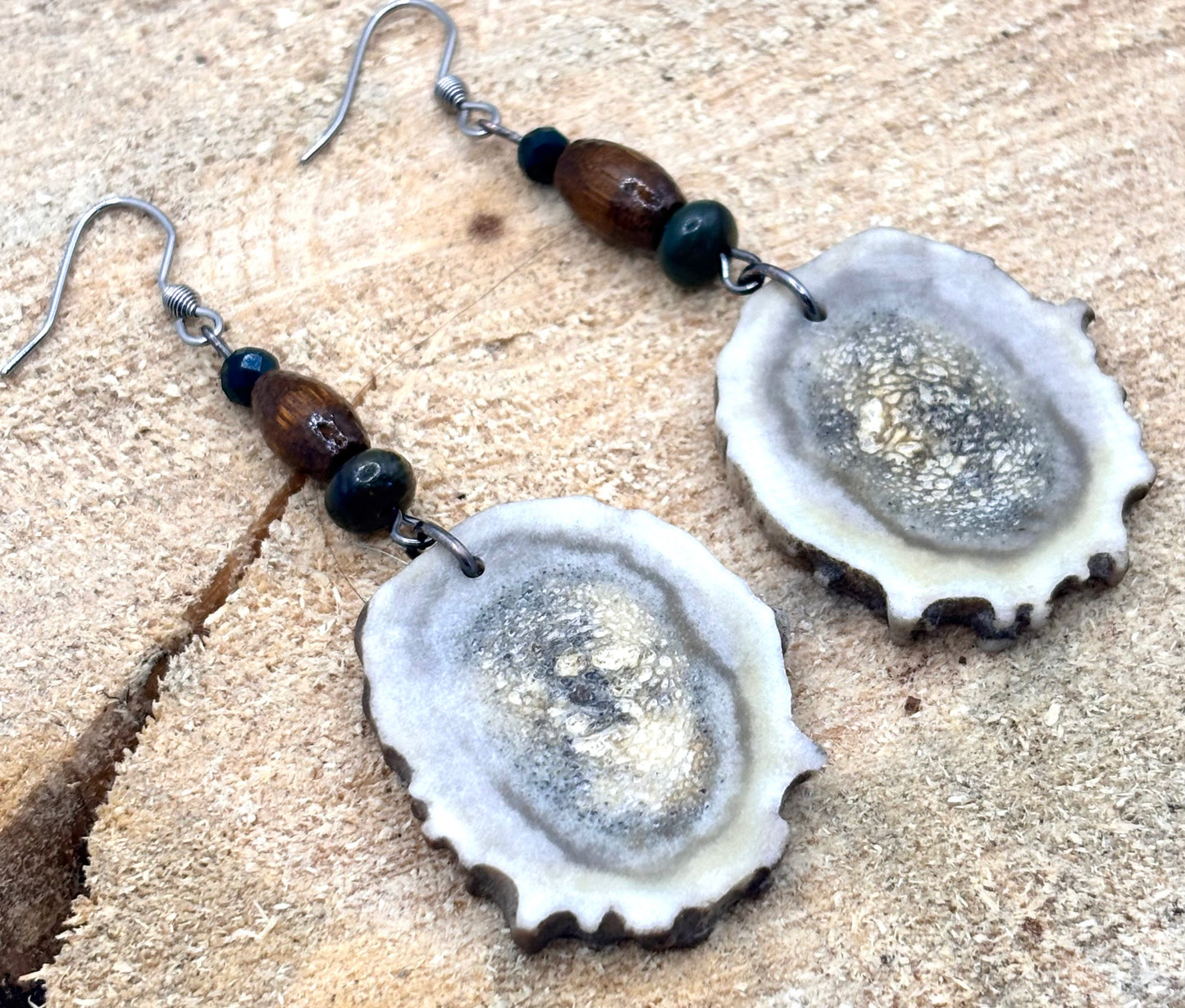 Handmade Western Boho Antler, Maple Wood & Indian Agate Drop Earrings