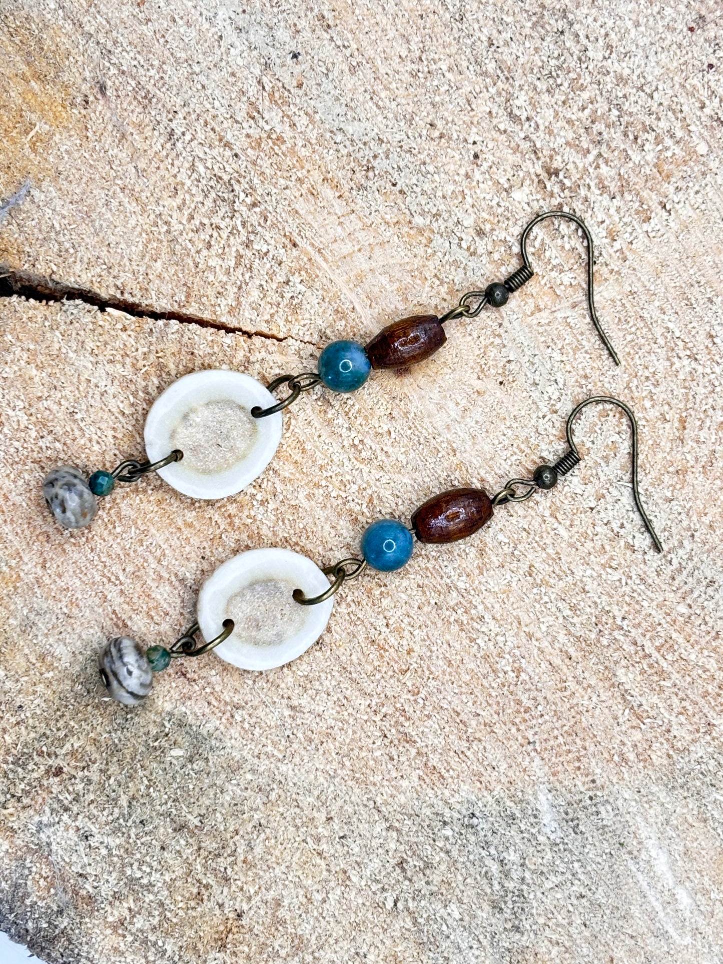 Handmade Western Boho Antler, Wood & Stone Drop Earrings