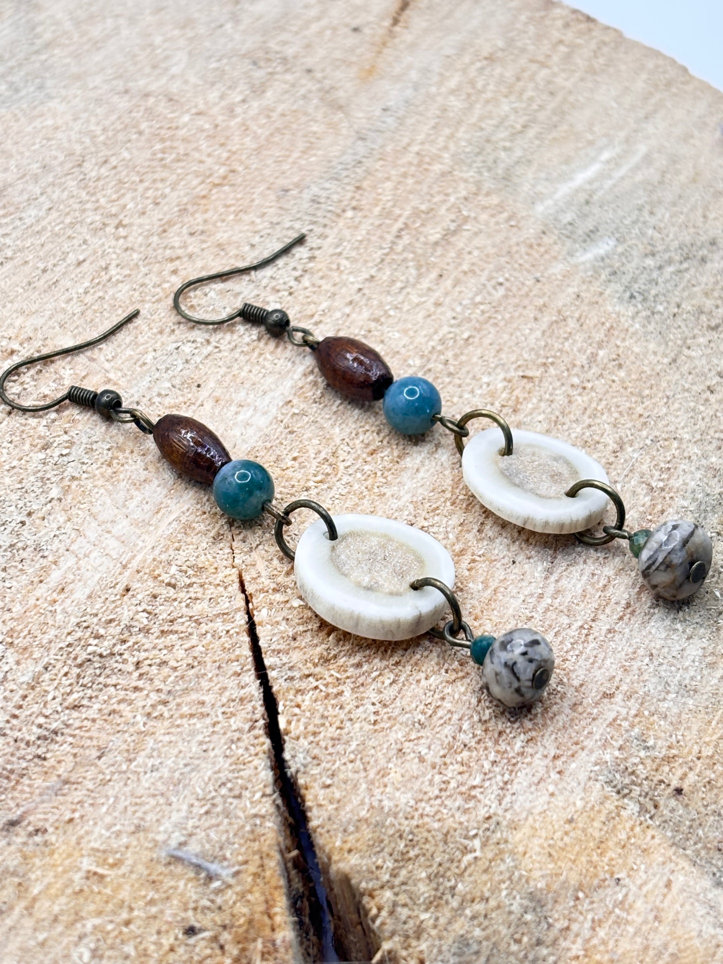 Handmade Western Boho Antler, Wood & Stone Drop Earrings