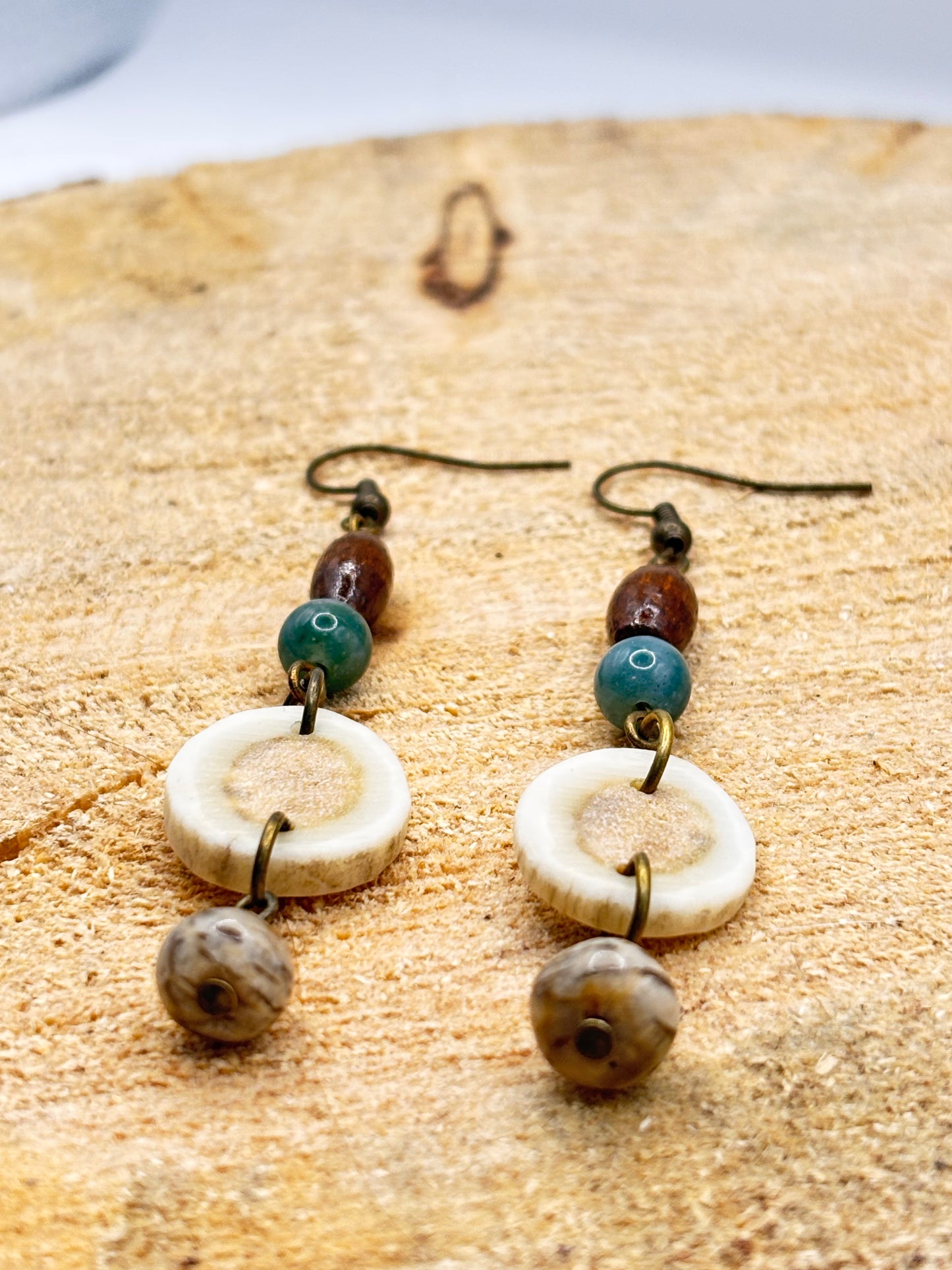 Handmade Western Boho Antler, Wood & Stone Drop Earrings