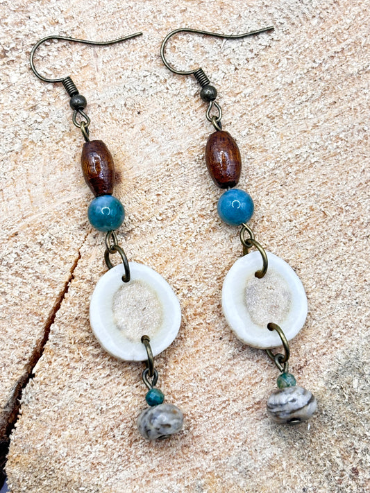 Handmade Western Boho Antler, Wood & Stone Drop Earrings