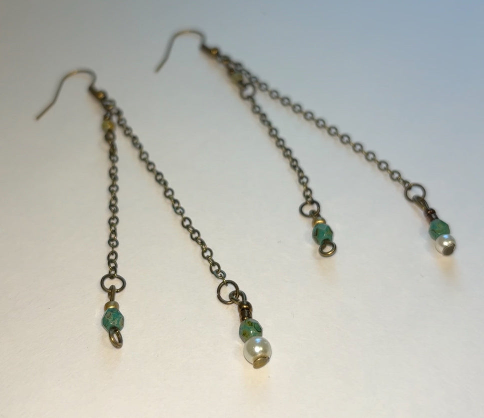 Windline Two-Tier Turquoise and Pearl Chain Drop Earrings