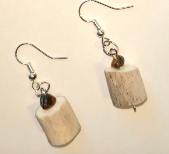 Earthline- Antler & Tiger Eye Earrings-Handcrafted Natural Bone & Stone Dangles