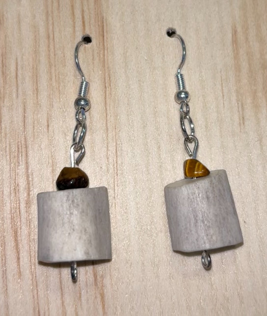 Earthline- Antler & Tiger Eye Earrings-Handcrafted Natural Bone & Stone Dangles
