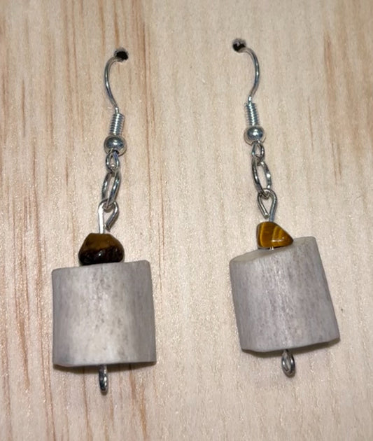 Earthline- Antler & Tiger Eye Earrings-Handcrafted Natural Bone & Stone Dangles