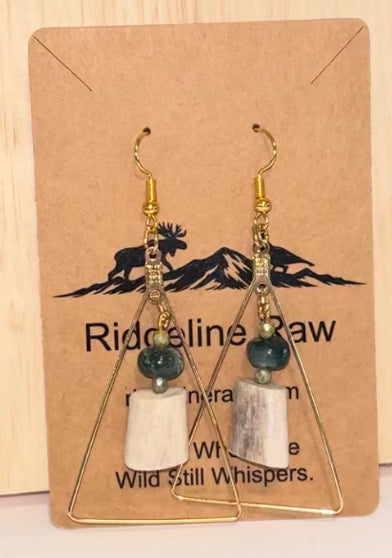 Earthline Deer Antler & Turquoise Stone Earrings-Handcrafed Antler Dangles with Gold-tone Geometric Frame