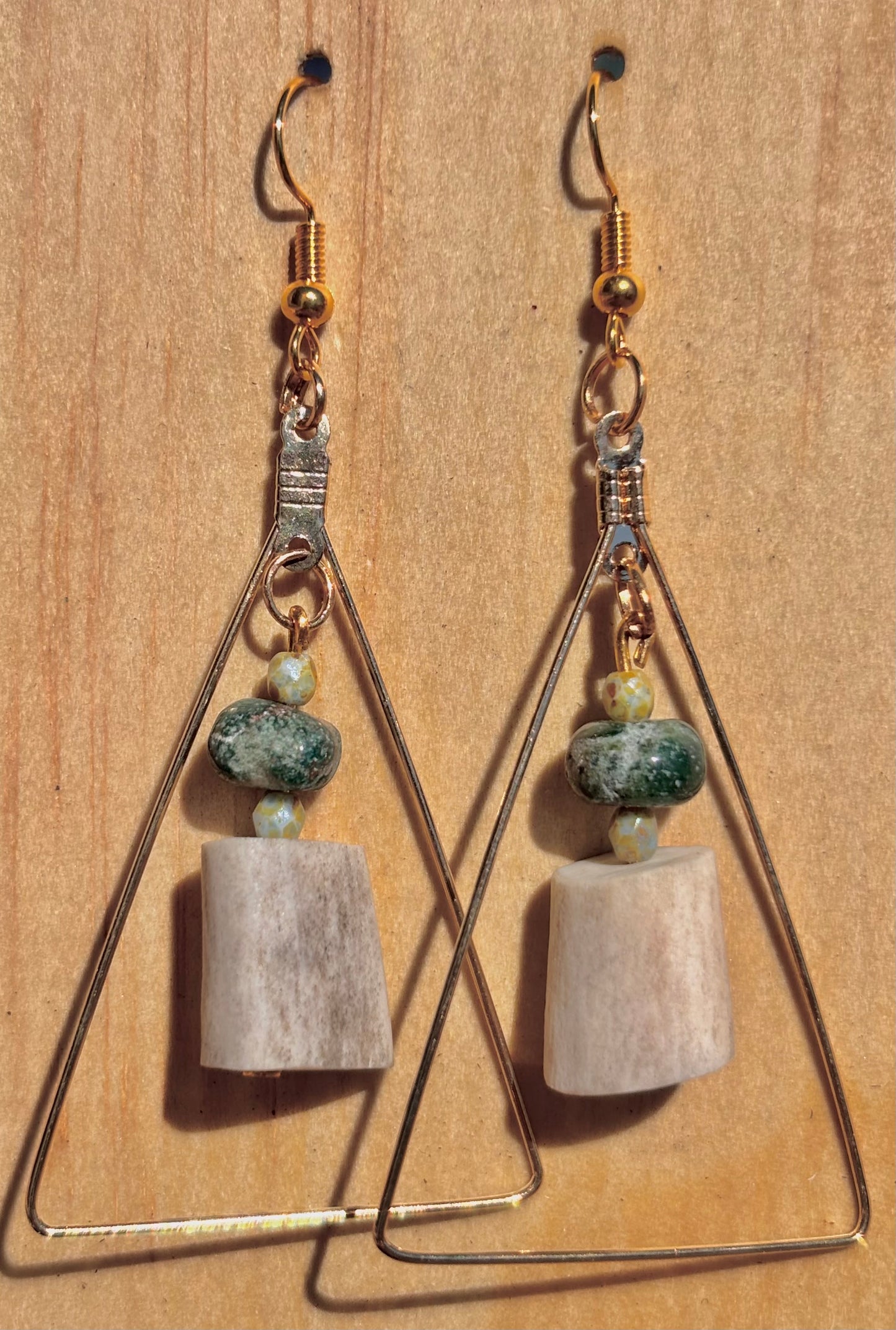 Earthline Deer Antler & Turquoise Stone Earrings-Handcrafed Antler Dangles with Gold-tone Geometric Frame