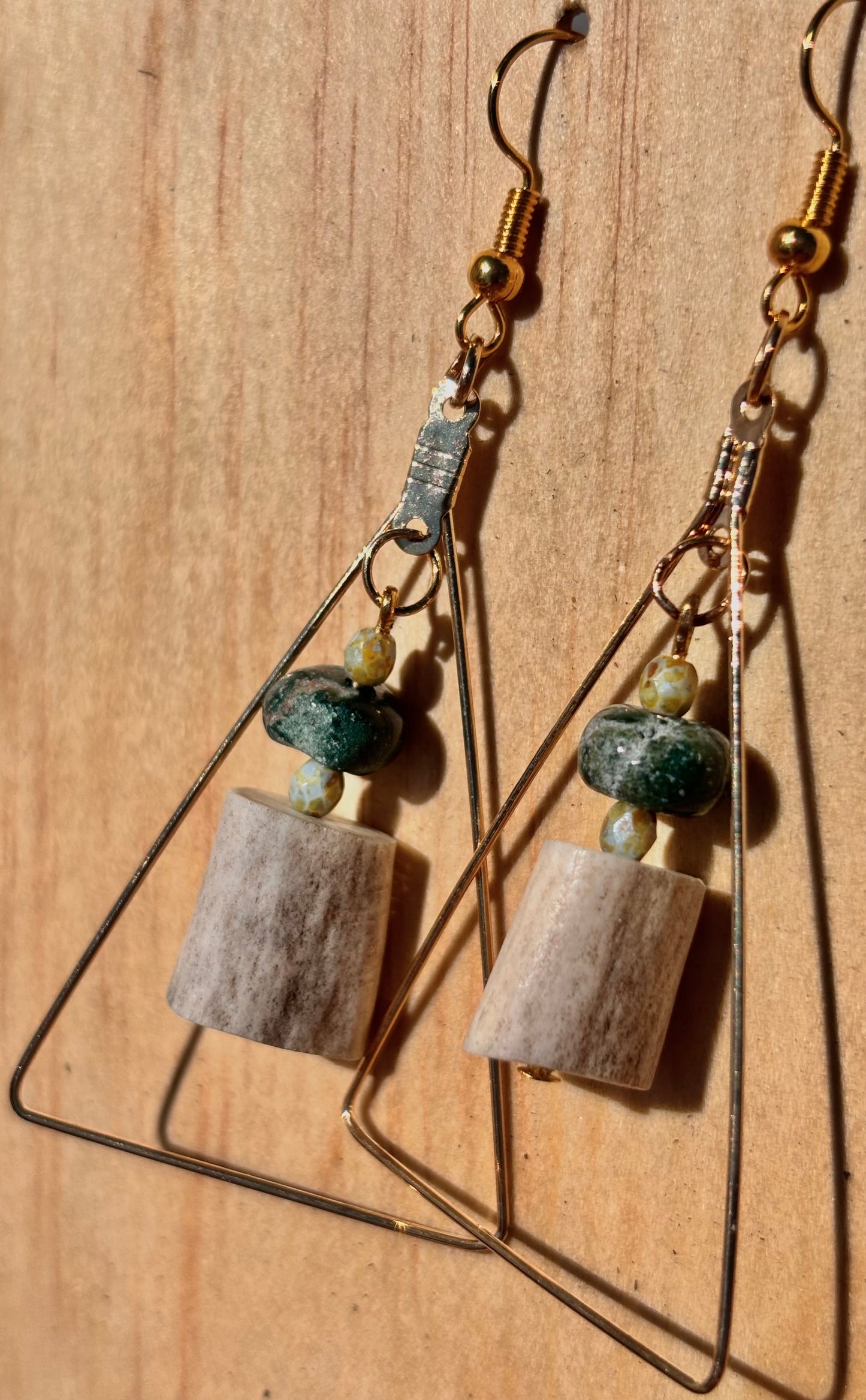 Earthline Deer Antler & Turquoise Stone Earrings-Handcrafed Antler Dangles with Gold-tone Geometric Frame
