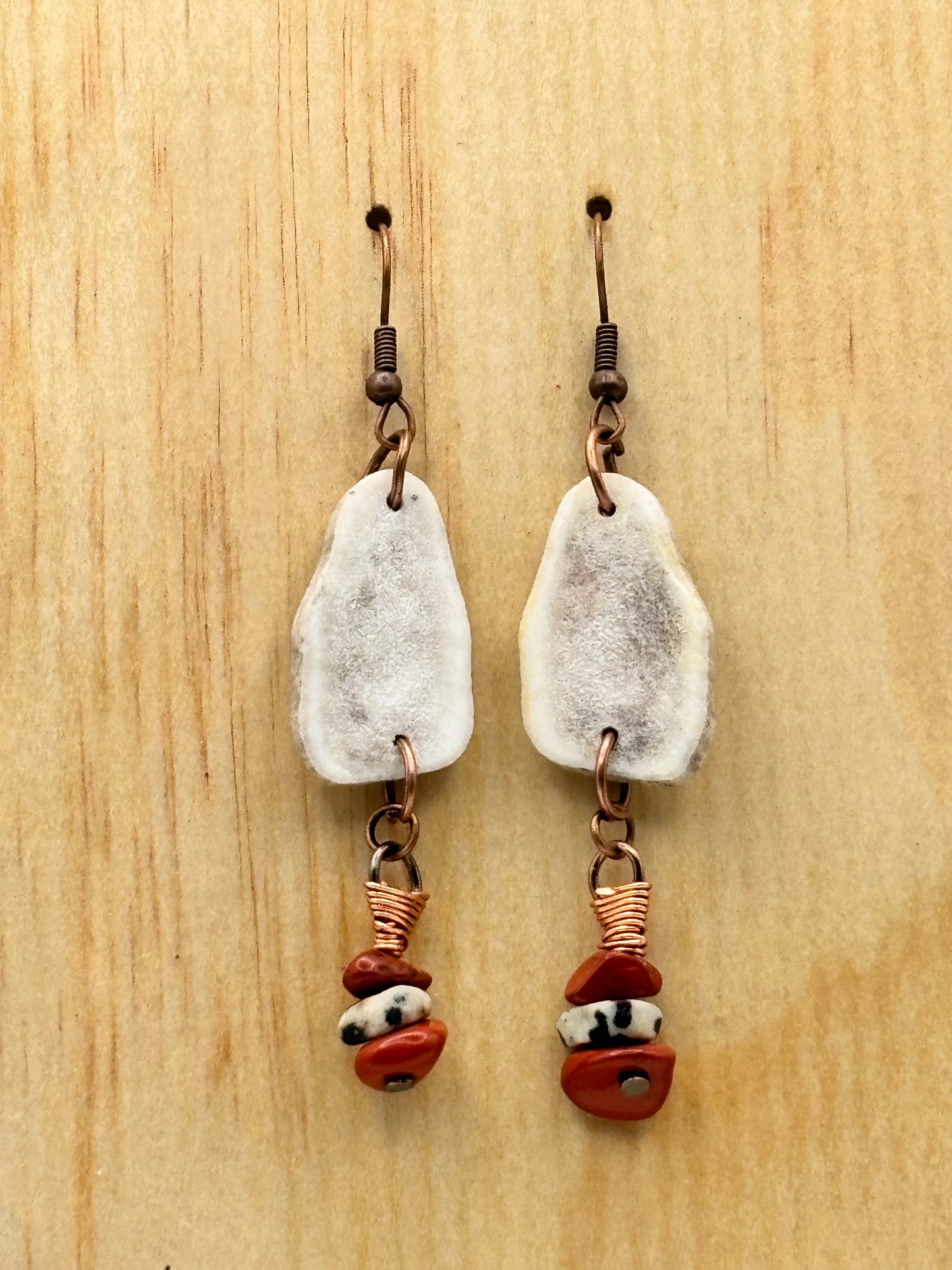 Handmade deer antler and red jasper drop earrings with copper accents
