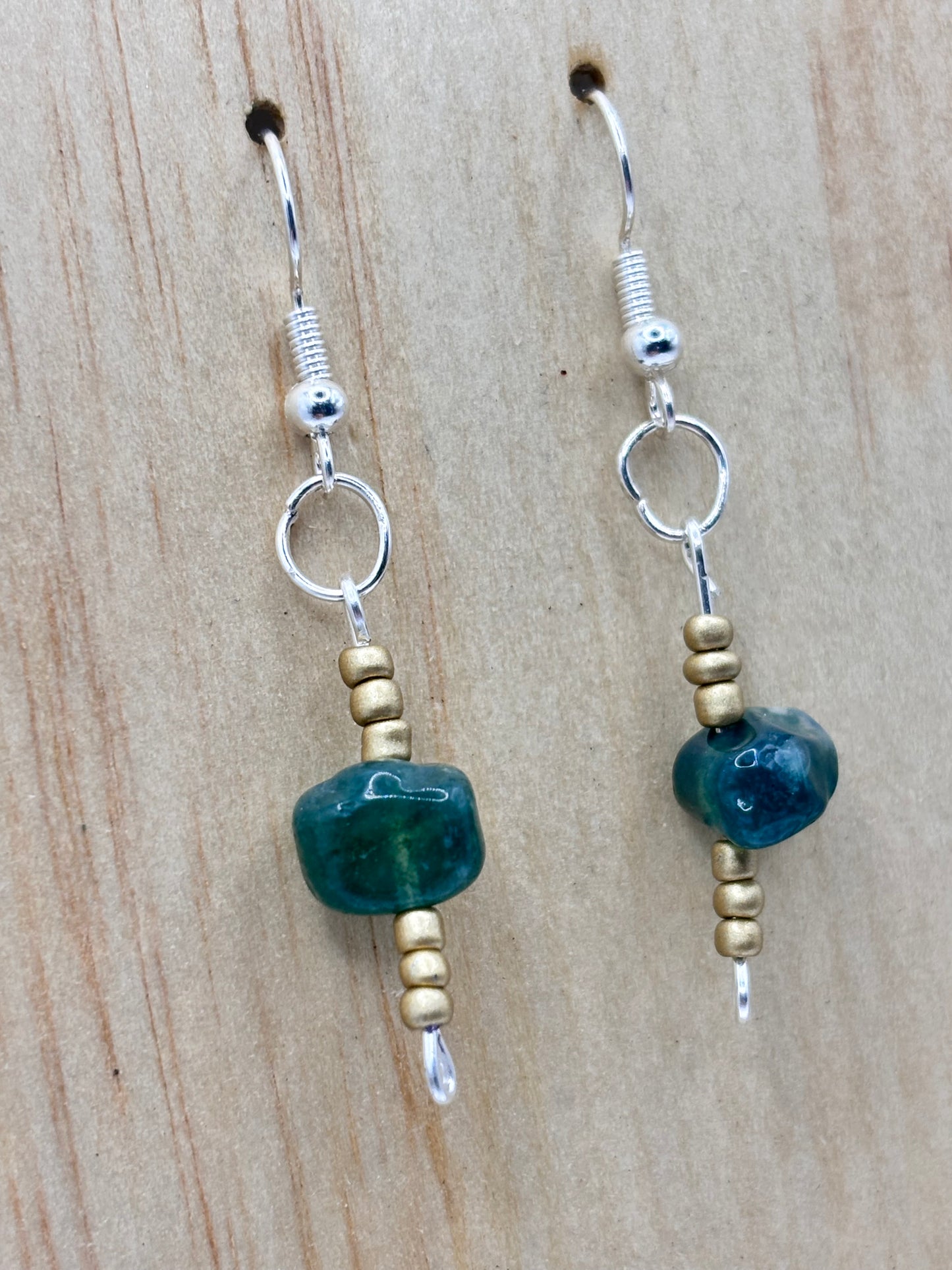 Handmade minimal green stone drop earrings with gold-tone beads
