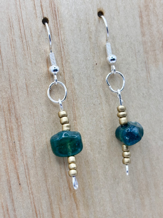Handmade minimal green stone drop earrings with gold-tone beads
