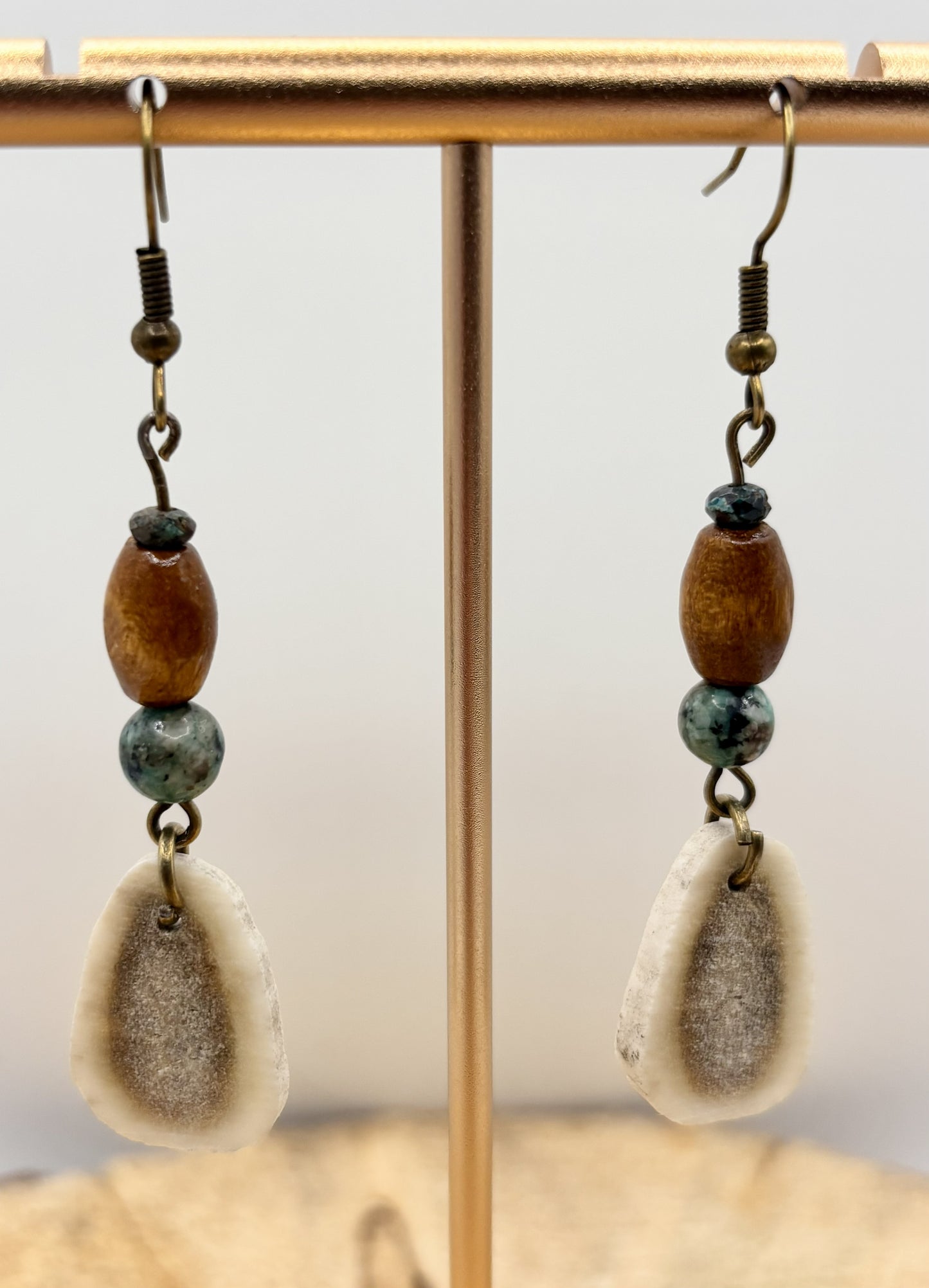 Handmade Western Boho Antler, African Turquoise Jasper & Maple Wood Drop Earrings