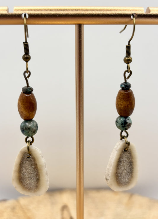 Handmade Western Boho Antler, African Turquoise Jasper & Maple Wood Drop Earrings