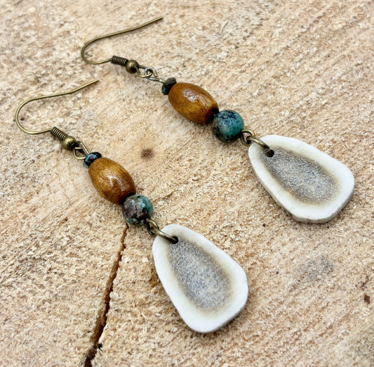 Handmade Western Boho Antler, African Turquoise Jasper & Maple Wood Drop Earrings