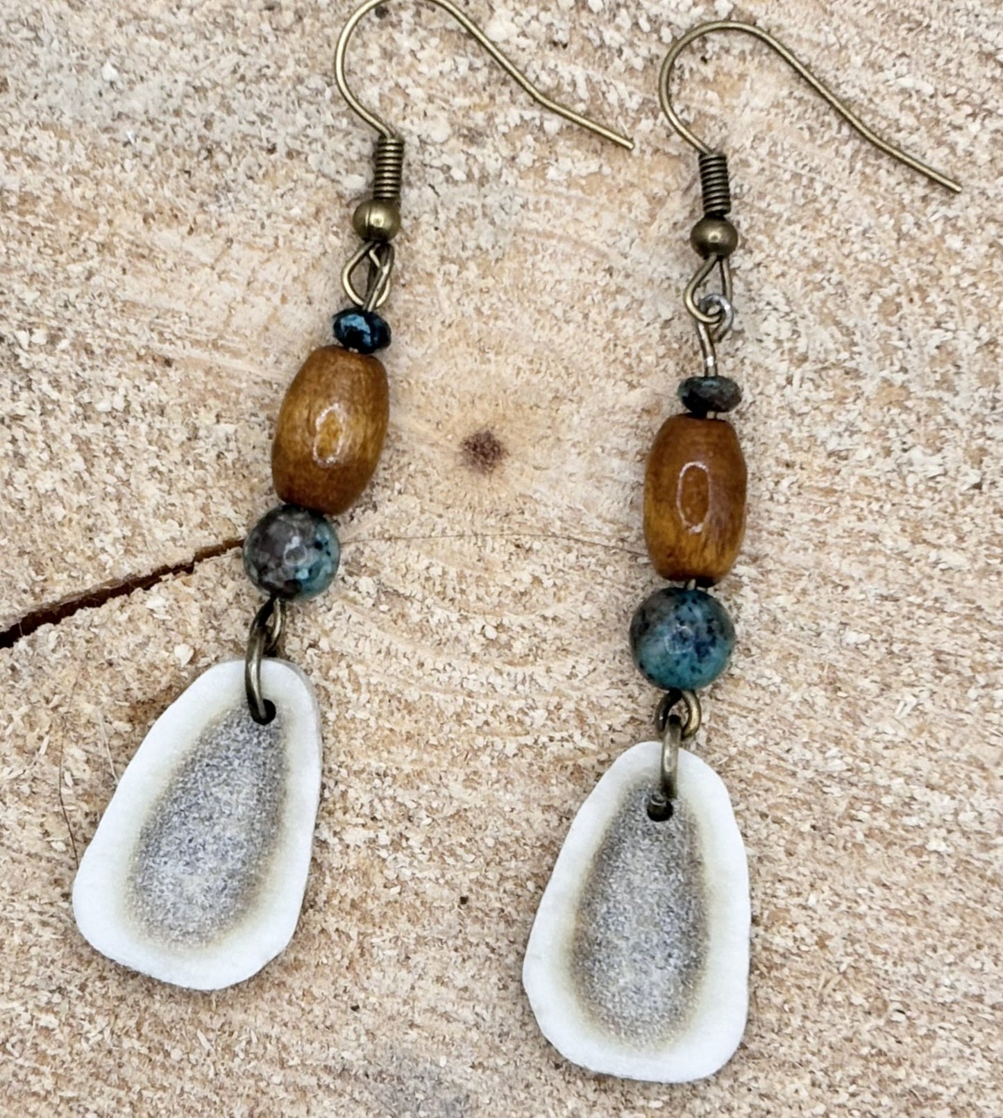 Handmade Western Boho Antler, African Turquoise Jasper & Maple Wood Drop Earrings