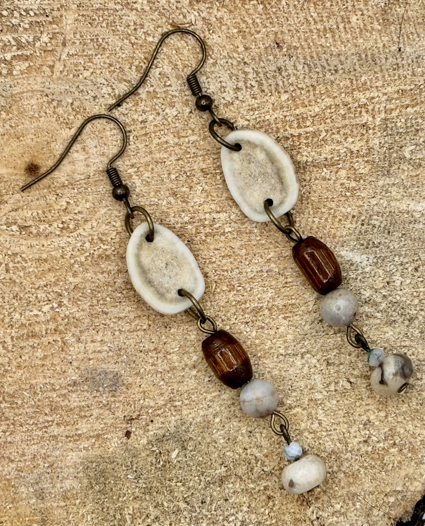 Handmade Western Boho Antler, Maple Wood & Indian Agate & Howlite Drop Earrings