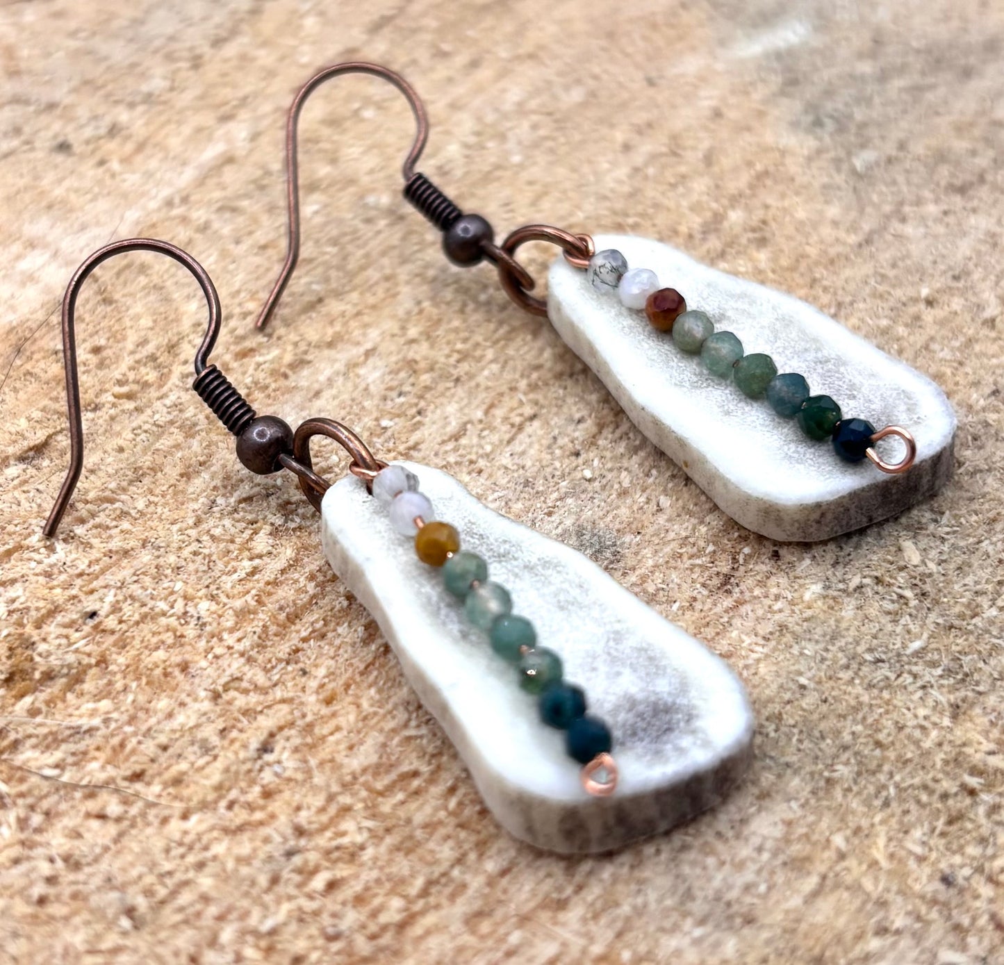 Handmade Western Boho Antler & Moss Agate Copper Wire Drop Earrings