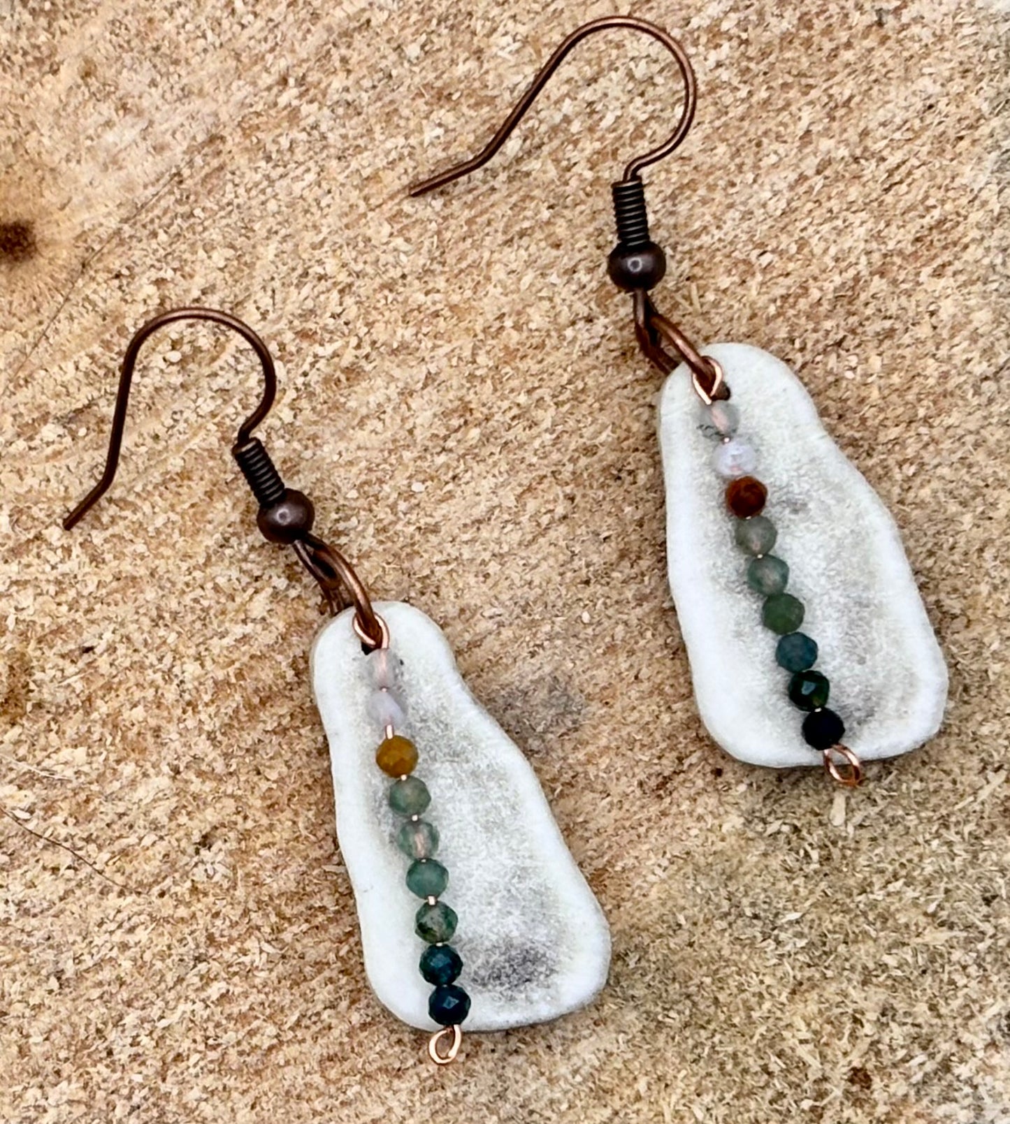 Handmade Western Boho Antler & Moss Agate Copper Wire Drop Earrings