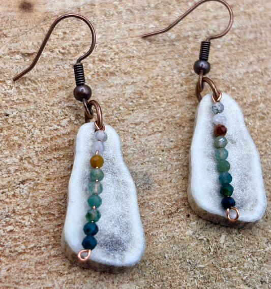 Handmade Western Boho Antler & Moss Agate Copper Wire Drop Earrings