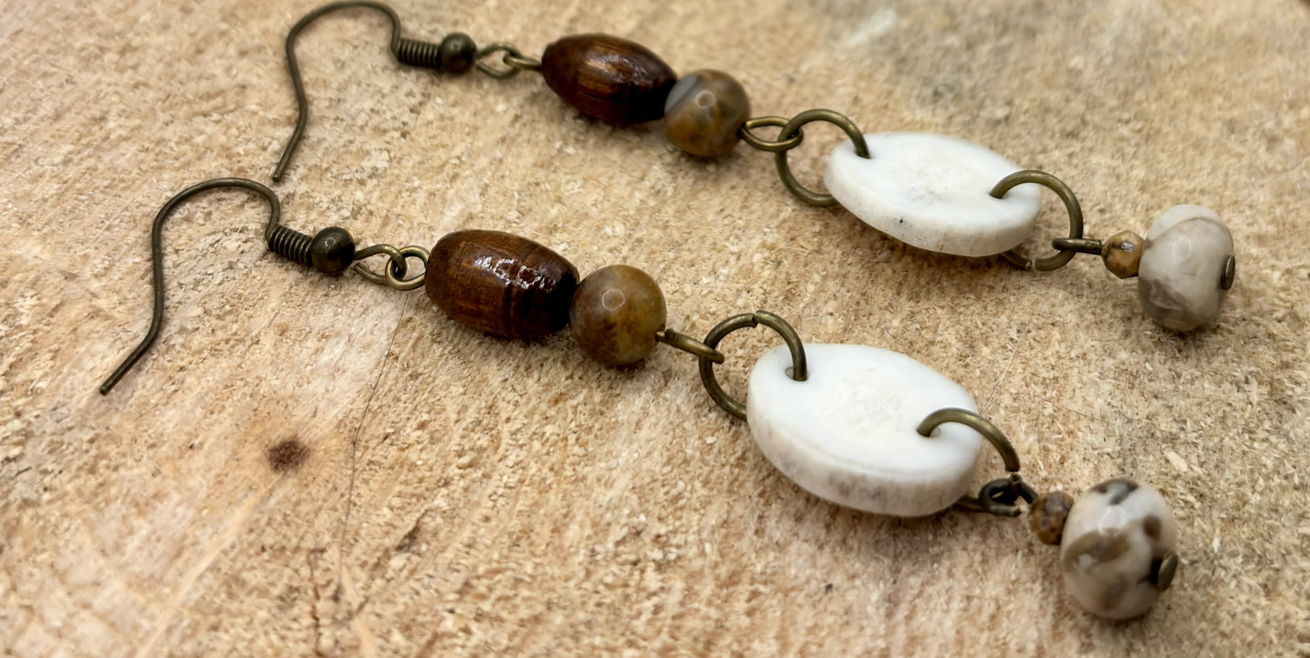 Handmade Western Boho Antler, Indian Agate &amp; Howlite Drop Earrings