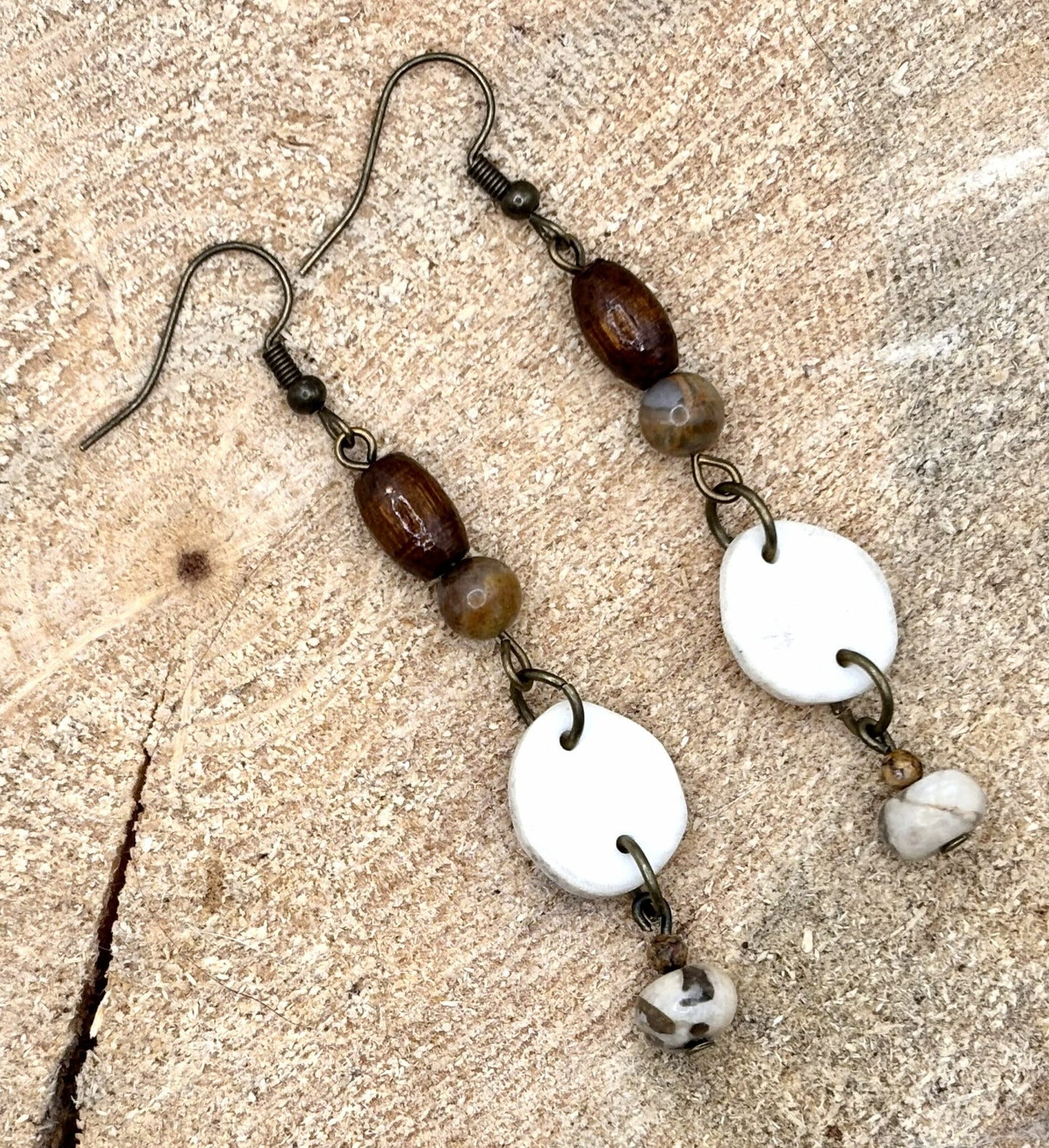 Handmade Western Boho Antler, Indian Agate &amp; Howlite Drop Earrings